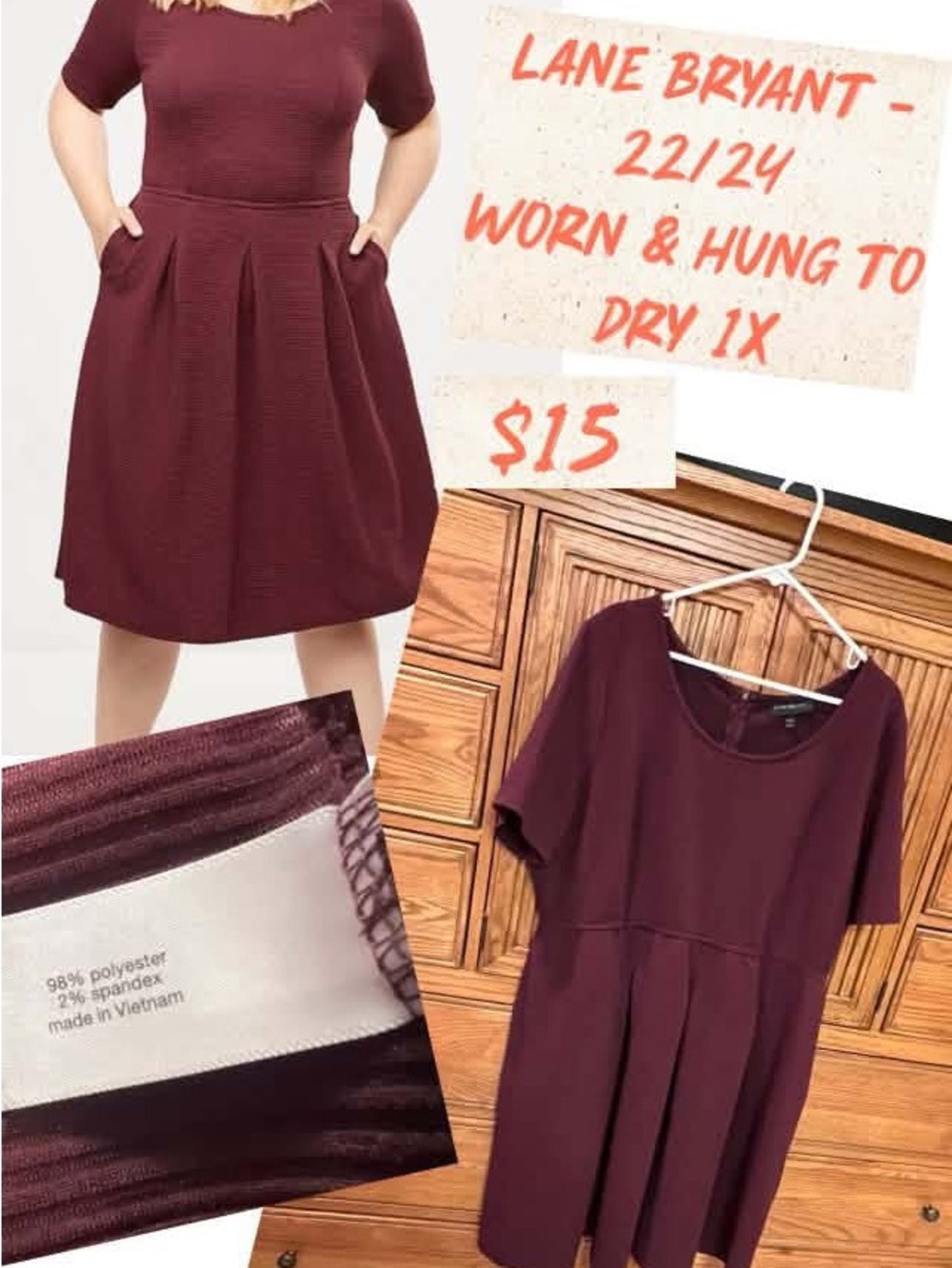 Lane Bryant Burgundy Short-Sleeve Fit & Flare Dress - 22/24